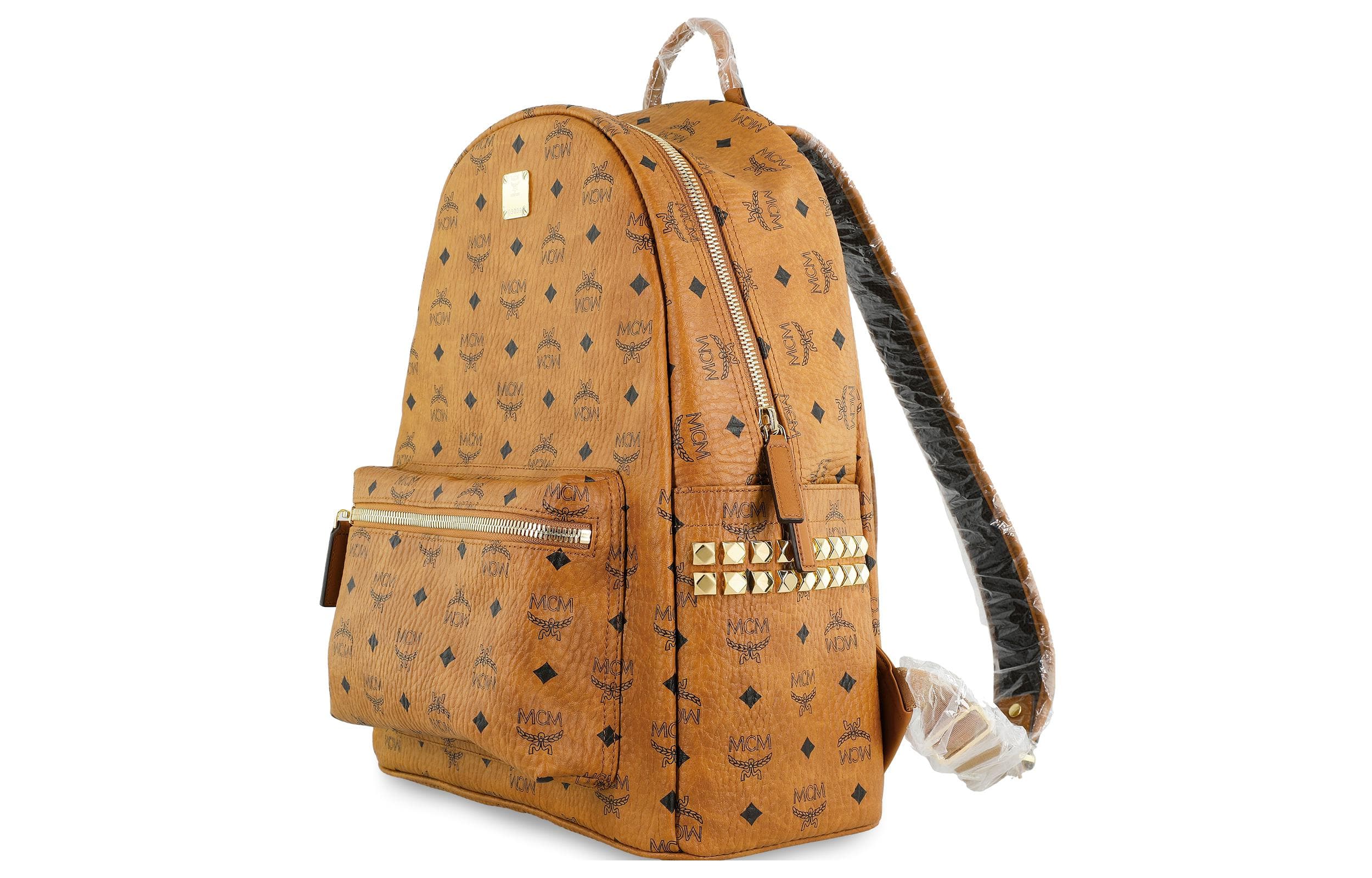 Рюкзак MCM Stark Visetos с боковыми заклепками, средний коньячный цвет