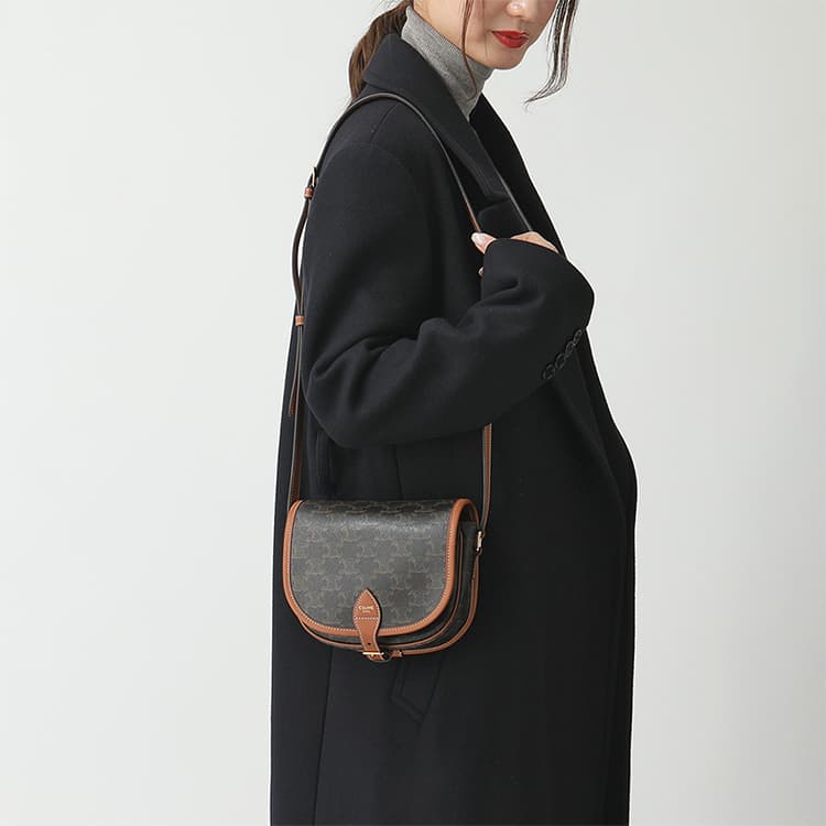 CELINE Искусственная кожа с покрытием Folco, седельная сумка из коровьей кожи, сумка через плечо, сумка через плечо, средний женский цвет желто-коричневого цвета