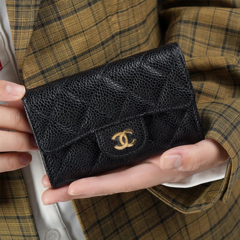 CHANEL Кошелек для монет из коровьей кожи с тиснением зернистой текстурой, женский кошелек, черный