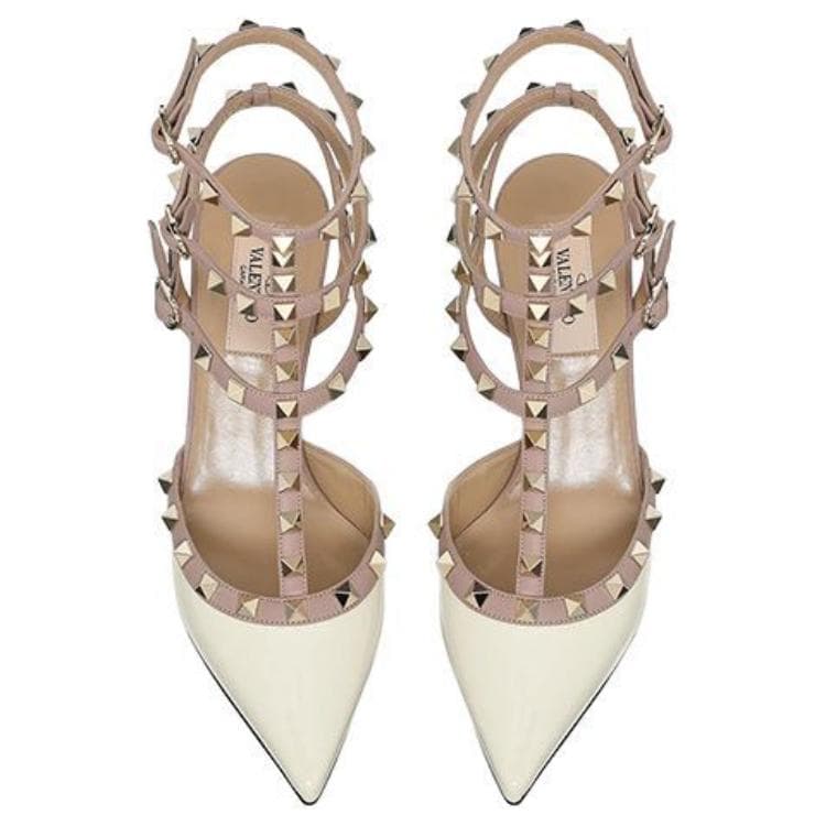 Женские туфли на высоком каблуке Valentino Rockstud на тонком каблуке 7 см, цвета слоновой кости