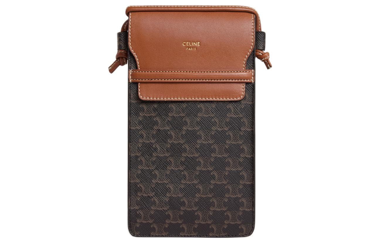 CELINE Triomphe Canvas With Sheepskin Trim One Shoulder Cell Phone Pouch Women's Tawny