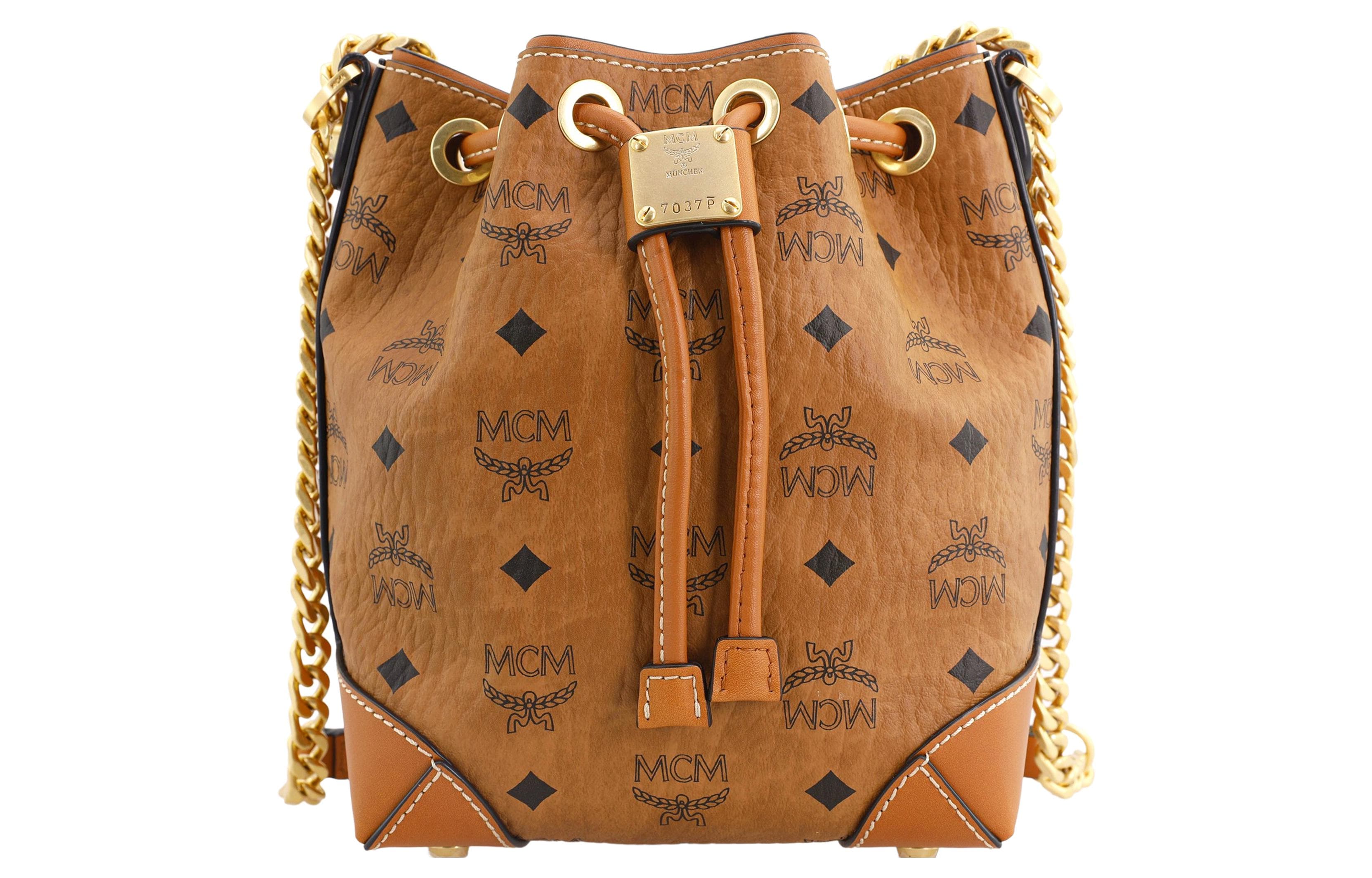 MCM Soft Berlin Drawstring Bag Mini Visetos Cognac