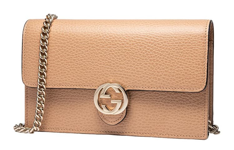GUCCI Double G Кожаная сумка через плечо с цепочкой WOC Бежевая
