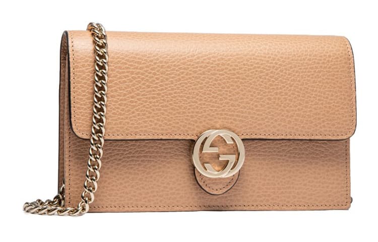 GUCCI Double G Кожаная сумка через плечо с цепочкой WOC Бежевая