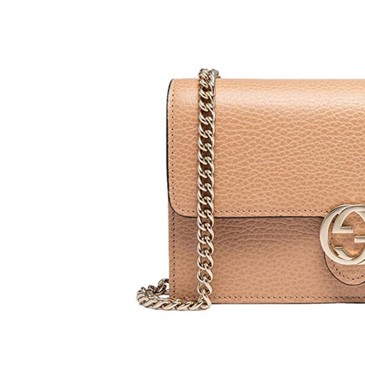GUCCI Double G Кожаная сумка через плечо с цепочкой WOC Бежевая