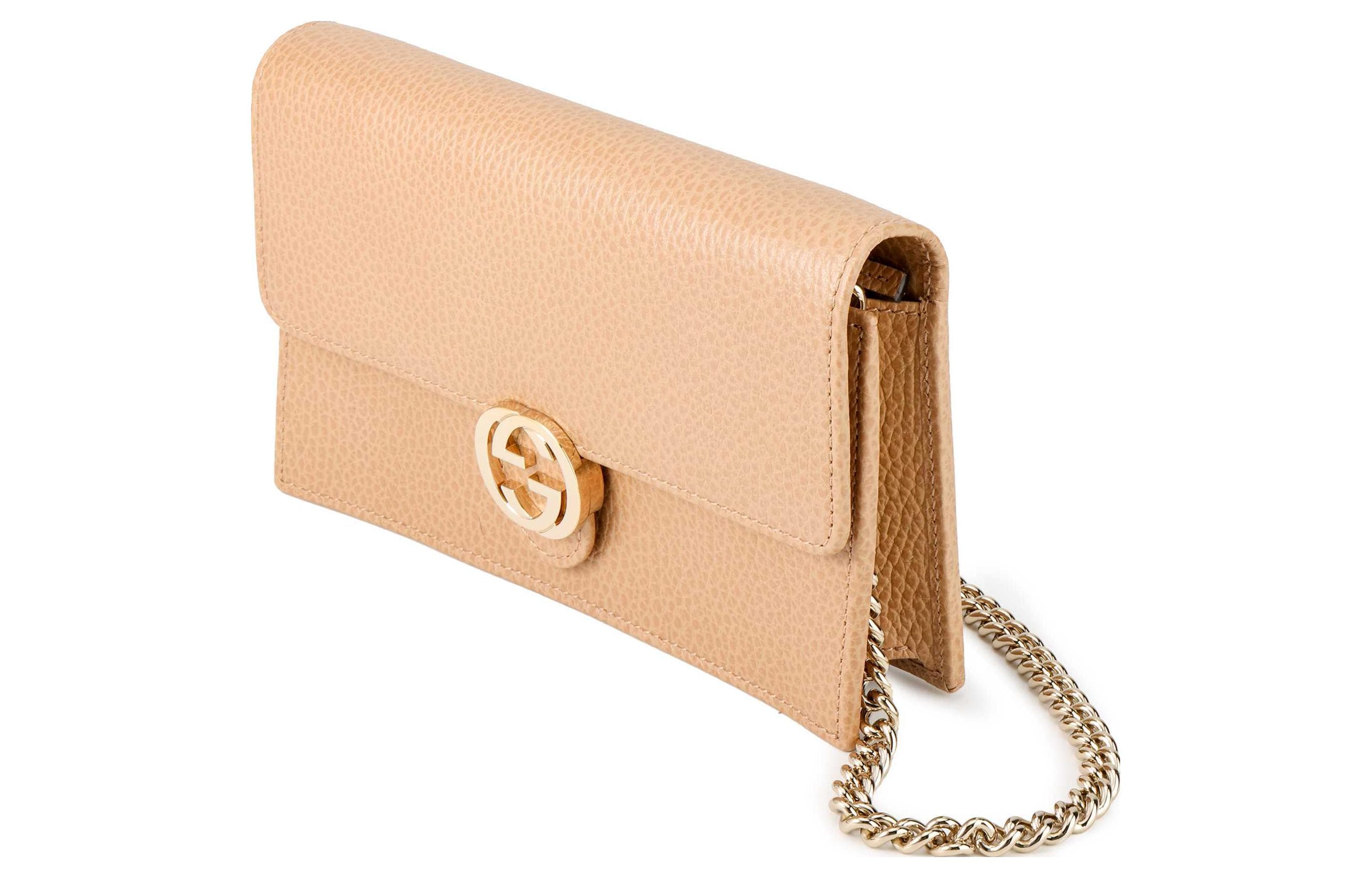 GUCCI Double G Кожаная сумка через плечо с цепочкой WOC Бежевая