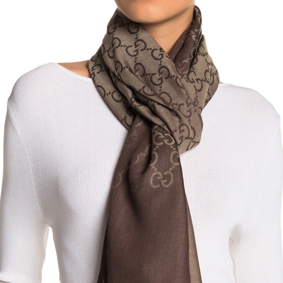 Женский шерстяной шелковый шарф GUCCI с логотипом GG, темно-коричневый