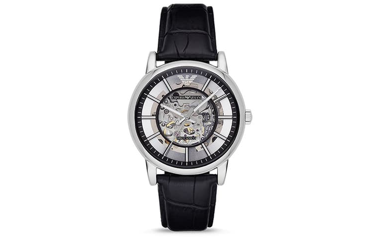 EMPORIO ARMANI Наручные часы с механическим механизмом, кожаный ремешок, мужские часы с серебряным циферблатом