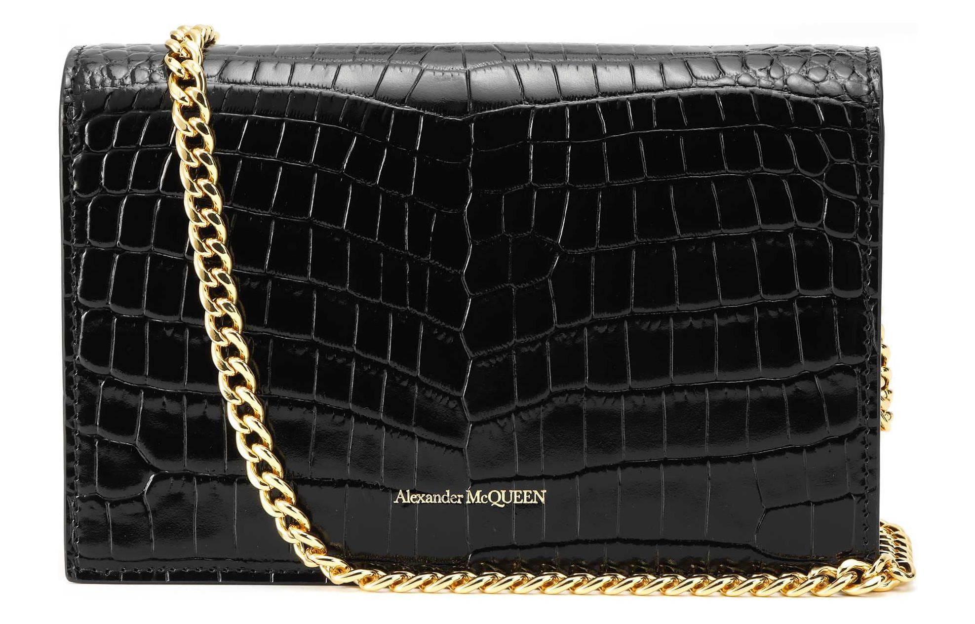 Alexander McQueen Кожаная сумка на цепочке с крокодиловым узором, женская сумка через плечо, черная