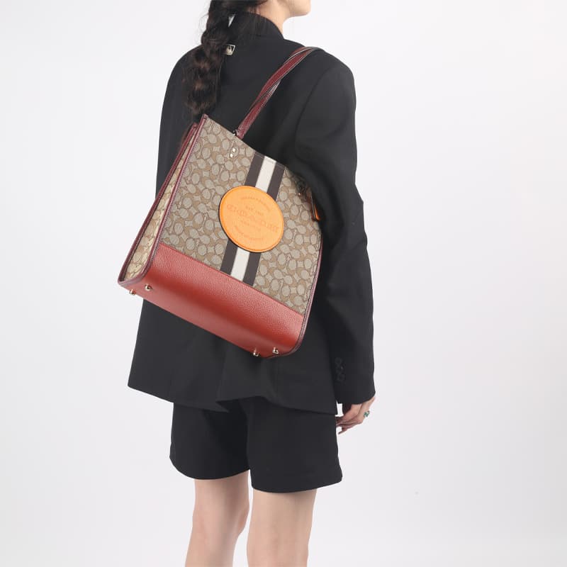 Кожаная большая сумка COACH Dempsey, сумка для покупок, сумка через плечо, женская, красного, оранжевого и коричневого цвета, большого размера