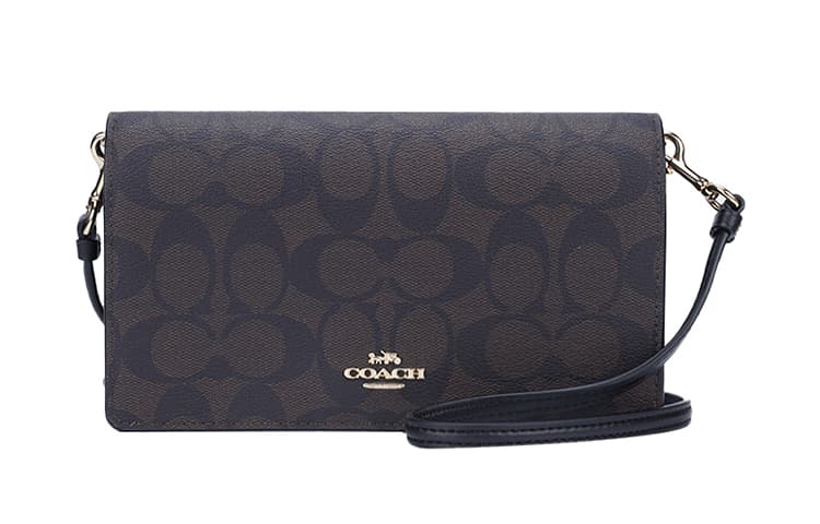 COACH Anna Canvas With Leather Flap Shoulder Bag Small Size Women's Dark Brown Monogram