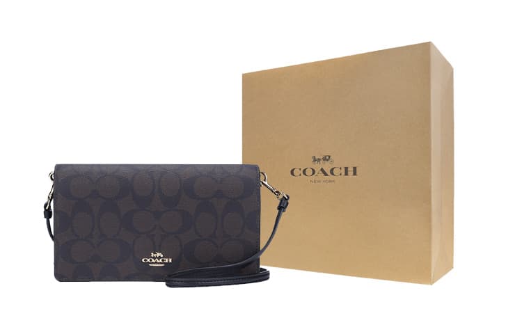 Сумка на плечо COACH Anna из плотной кожи с кожаным клапаном, маленький размер, темно-коричневая с монограммой