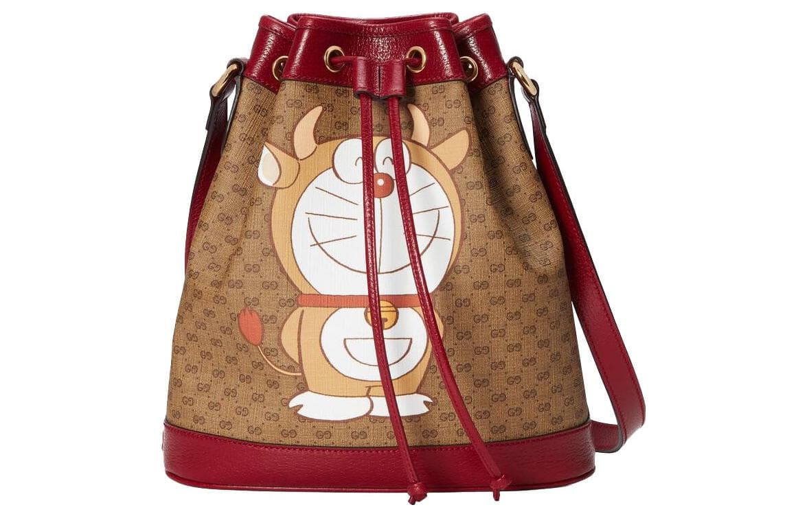 GUCCI Doraemon Collaboration Canvas With Leather Bucket Bag, Shoulder Bag, Crossbody Bag Women's