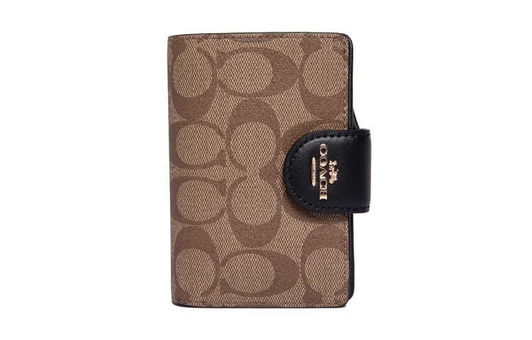 COACH Corner Zip Canvas With Leather Wrist Bag Clutch Pochette Wallet Women's Brown/Black