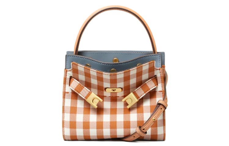 TORY BURCH Lee Radziwill Leather Shoulder Bag, Crossbody Bag, Handbag Trumpets Women's Orange White Plaid