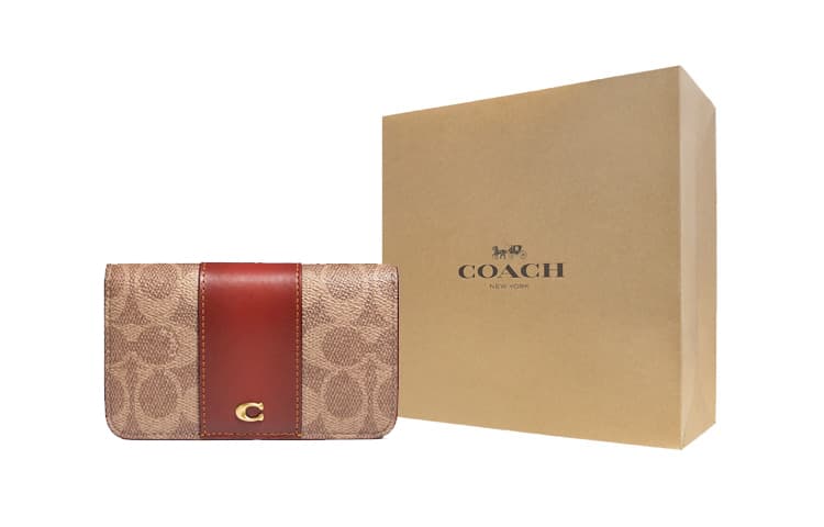 Чехол для карт COACH, холст с покрытием и кожаный кошелек, женский, коричневый, желтый, ржавый