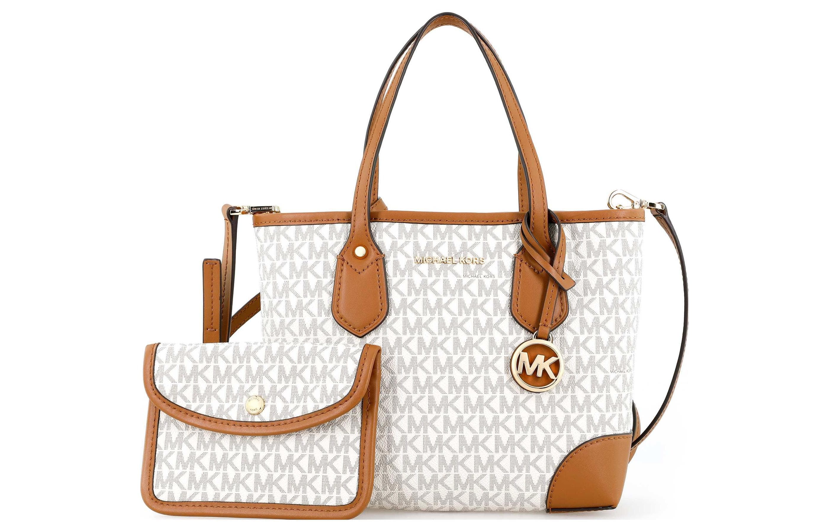 MICHAEL KORS Eva Leather Handbag, Tote Bag, Shopping Bag, One Shoulder Handbag Mini Women's White & Brown