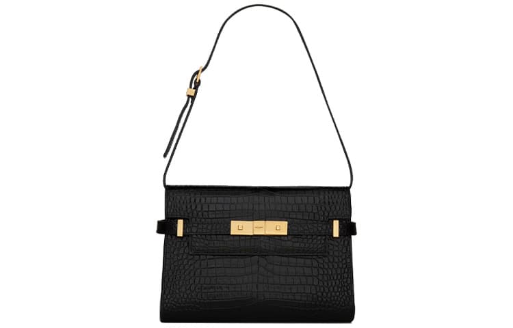 SAINT LAURENT MANHATTAN Crocodile Pattern Embossed Bright Cow Leather Crossbody Bag, Shoulder Bag Small Women's Black