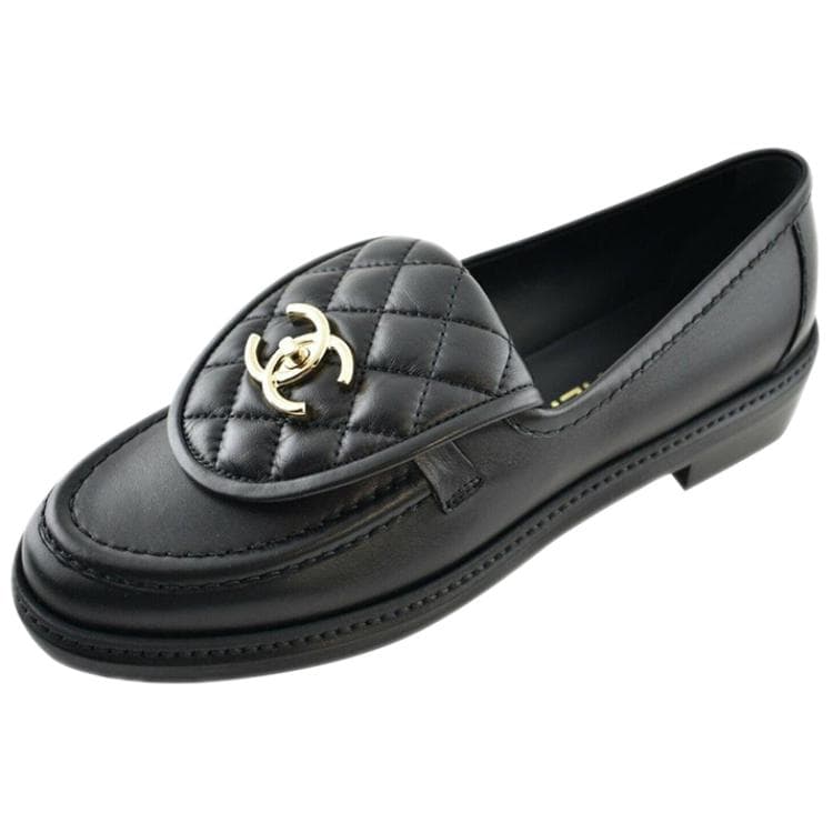CHANEL Стеганые лоферы с вкладками, черные кожаные
