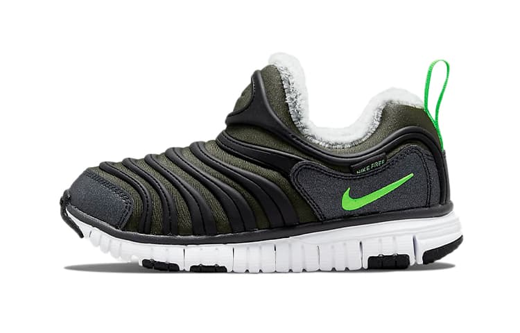Nike Dynamo Free Caterpillar, Plush Low top Kids Lifestyle Shoes Black Green Children Aged 3 7 Years Old