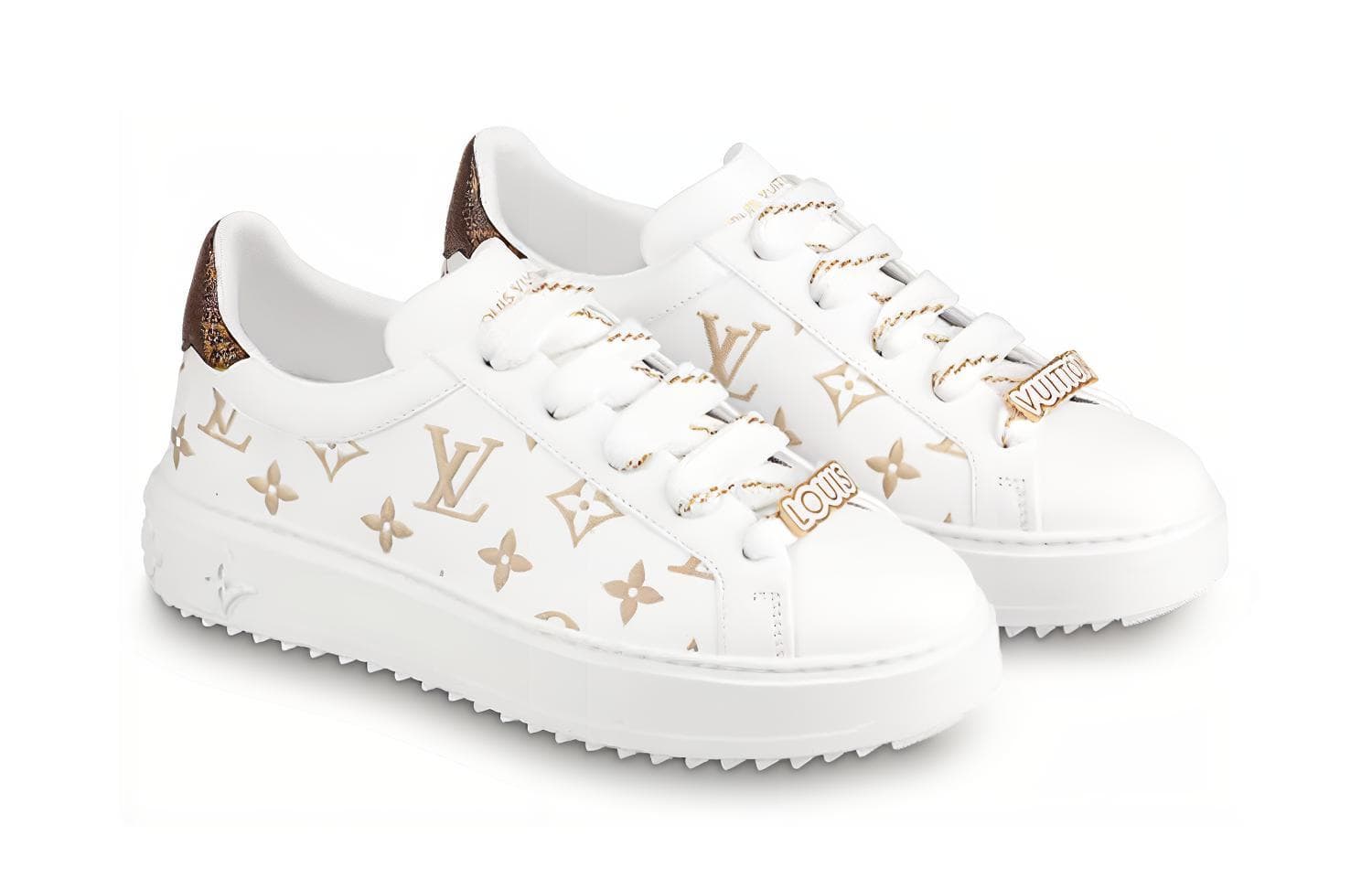 LOUIS VUITTON Кроссовки Time Out, белые с золотой монограммой, женские