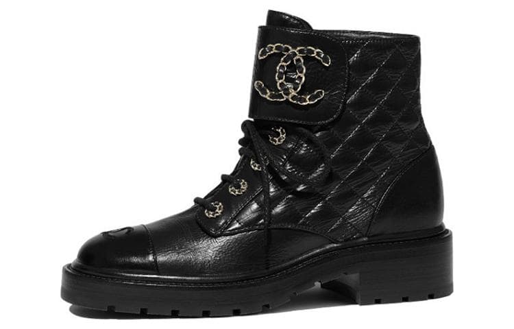 CHANEL Quilted Combat Boot Black Leather Women's