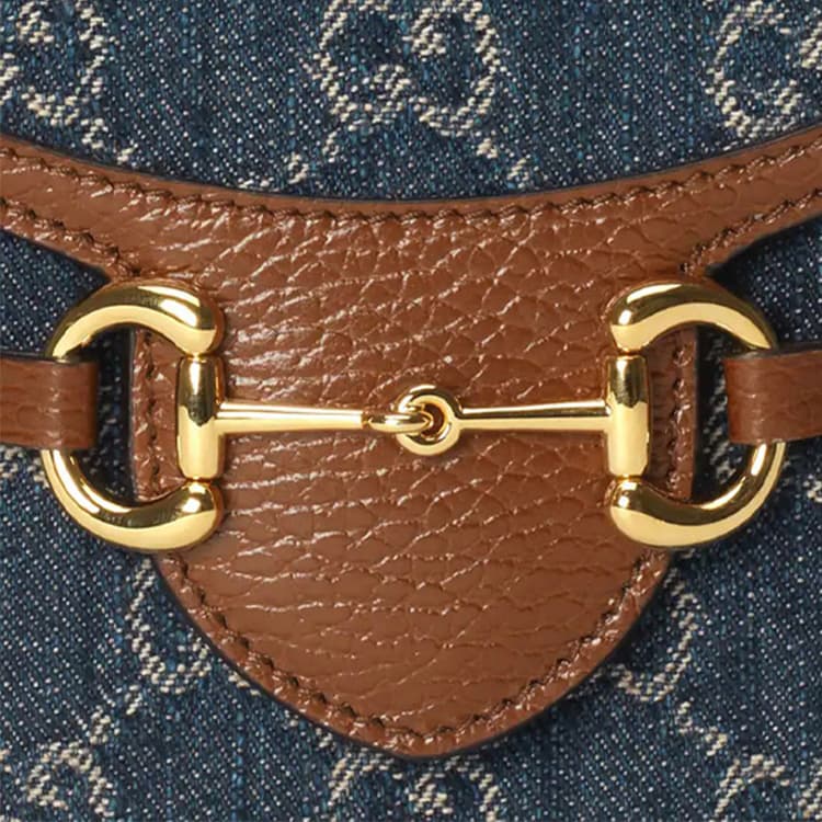 GUCCI Horsebit 1955 Logo Джинсовая мини-сумка для телефона Сумка на плечо Коробка Синий/Коричневый