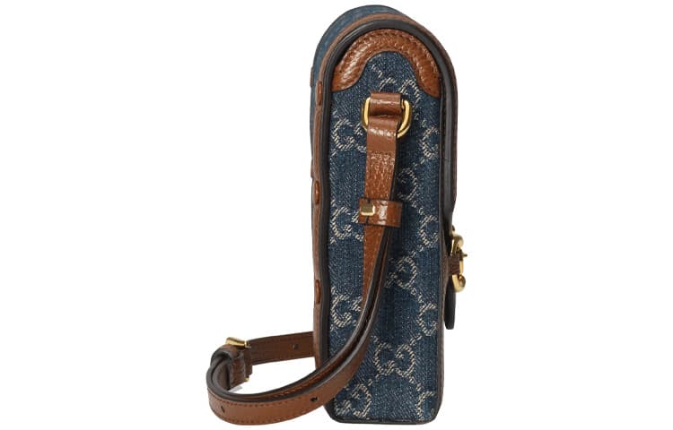 GUCCI Horsebit 1955 Logo Джинсовая мини-сумка для телефона Сумка на плечо Коробка Синий/Коричневый
