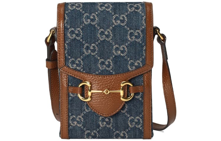 GUCCI Horsebit 1955 Logo Denim Mini Phone Bag Box Shoulder Bag Blue/Brown