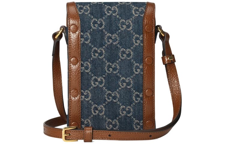 GUCCI Horsebit 1955 Logo Джинсовая мини-сумка для телефона Сумка на плечо Коробка Синий/Коричневый