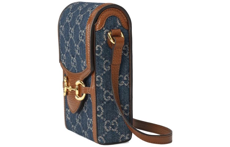 GUCCI Horsebit 1955 Logo Джинсовая мини-сумка для телефона Сумка на плечо Коробка Синий/Коричневый
