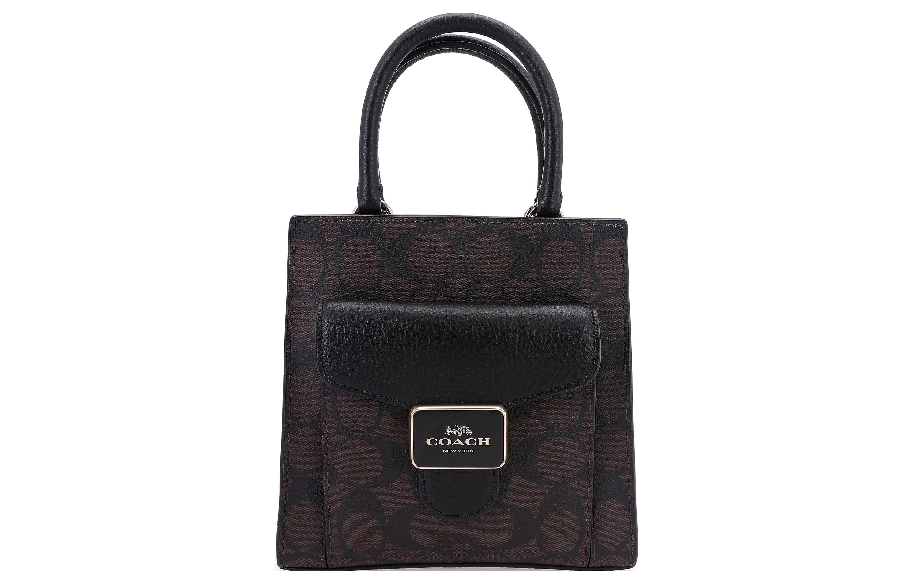 COACH Pepper Canvas With Leather Shoulder Bag, Crossbody Bag, Handbag Trumpets Women's Khaki Brown & Black