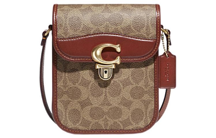 COACH Studio Coated Canvas With Calfskin Shoulder Bag, Crossbody Bag Mini Women's Khaki & Brown & Red