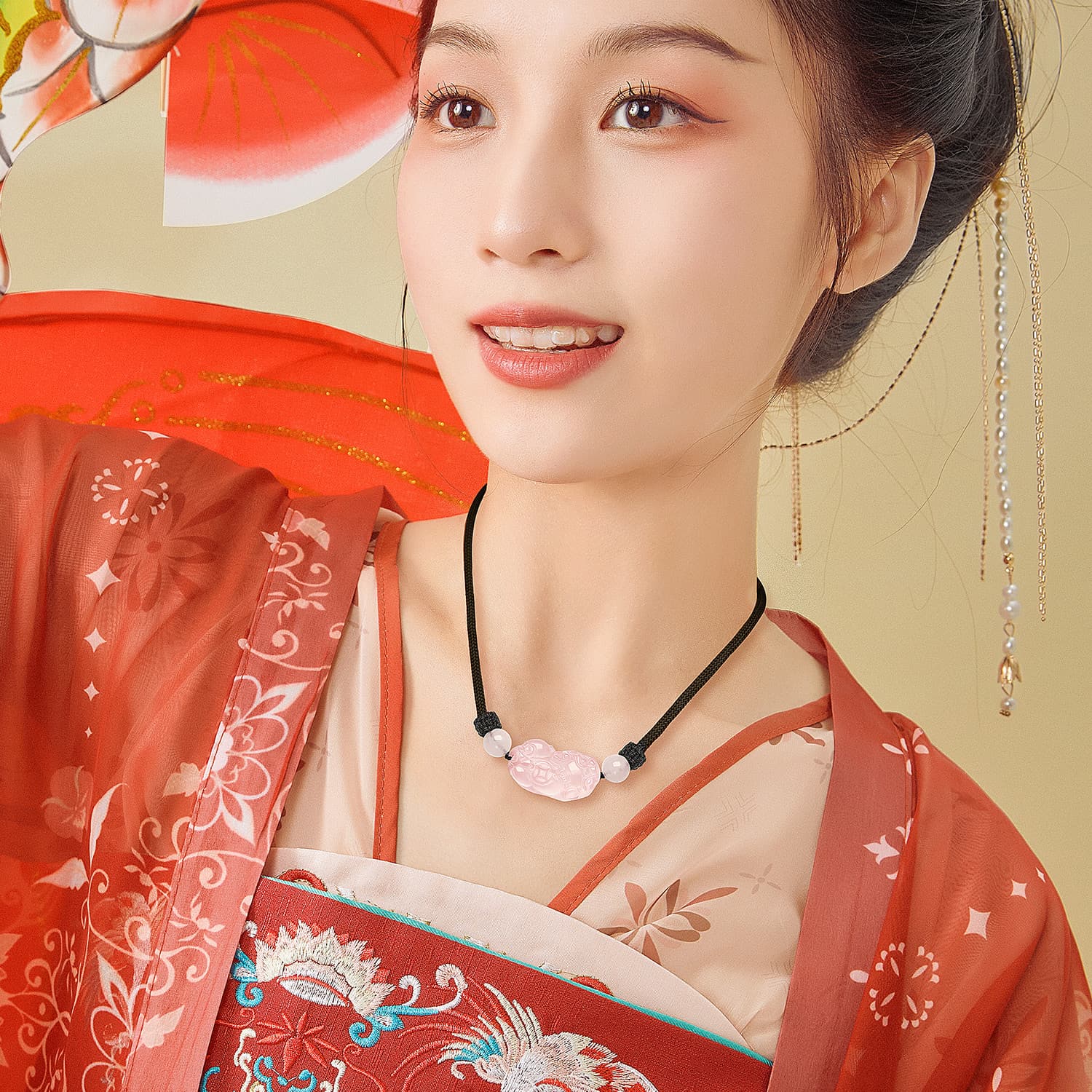 STYLEJING Розовый кристалл обсидиана Год зодиака Цепочка на ключицу Унисекс Изысканная коробка