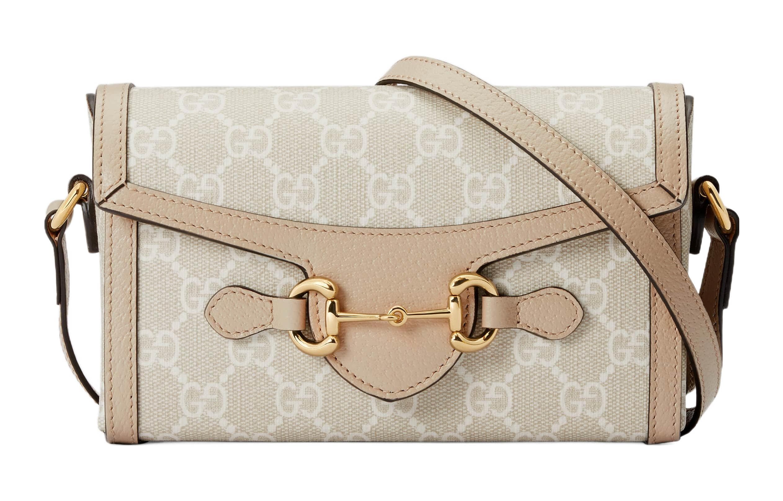 GUCCI Horsebit 1955 Canvas With Leather Trim Box Bag Shoulder Bag, Crossbody Bag Mini Women's Beige & White