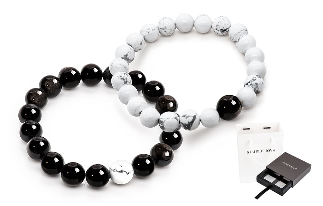 SIMPLE JOYS Silver Sheen Obsidian White Turquoise Couple Beaded Bracelet Unisex 1 Pair, Stretch