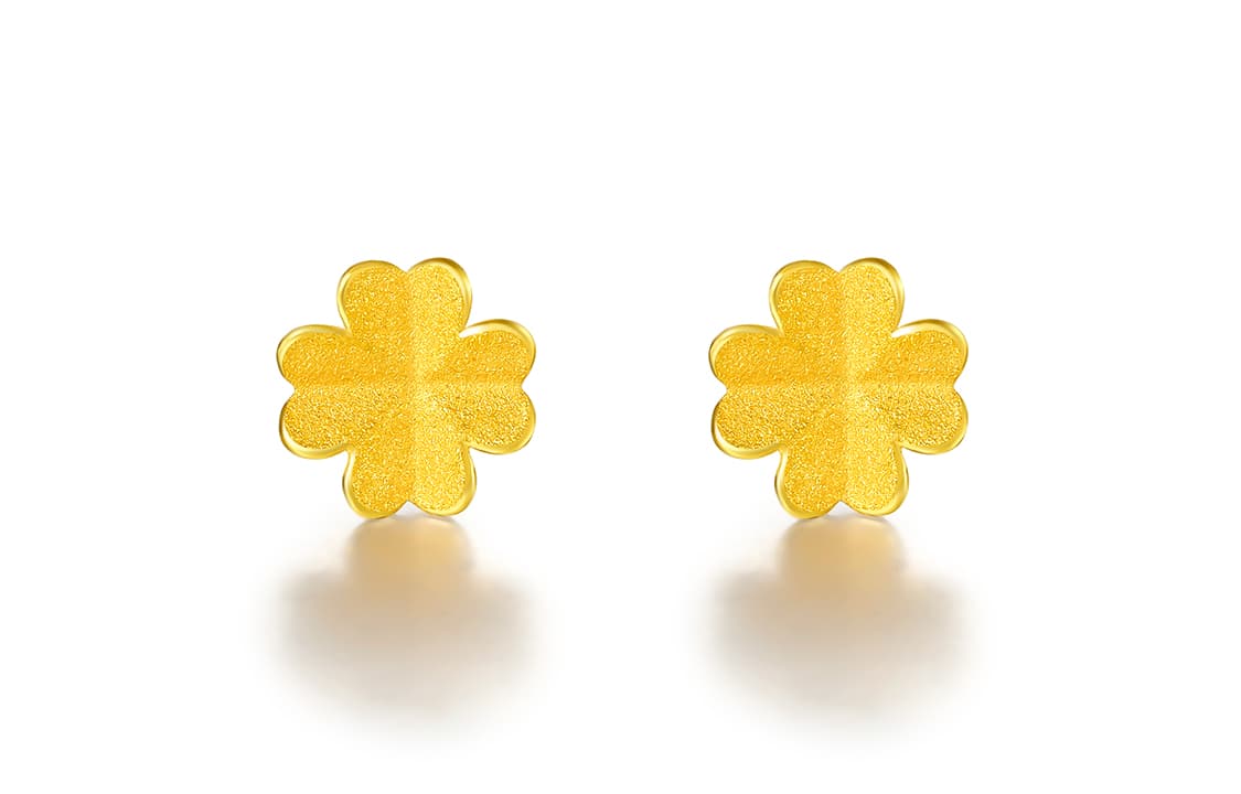 ZHOU LIU FU, маленькое золотое цветочное сердце, четырехлистный клевер, пирсинг для ушей, уход, твердое золото, по цене в граммах, золотые серьги-гвоздики для женщин