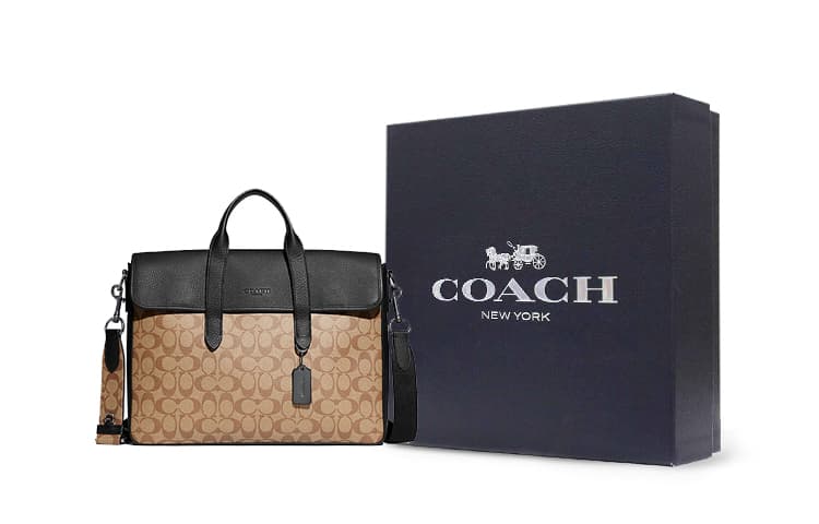 Портативный мужской портфель через плечо COACH Sullivan из парусины с покрытием и шагреневой кожей, большой размер, коричневый и черный с монограммой