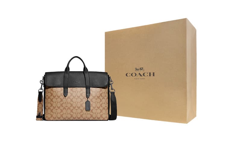 Портативный мужской портфель через плечо COACH Sullivan из парусины с покрытием и шагреневой кожей, большой размер, коричневый и черный с монограммой