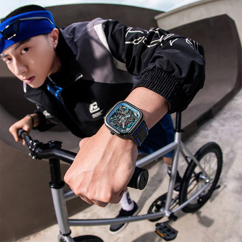 Мужские часы FAIRWHALE Starlight Collection с механическим механизмом и силиконовым ремешком, мужские часы с синим циферблатом