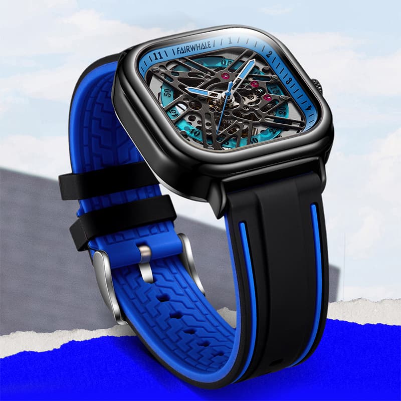 Мужские часы FAIRWHALE Starlight Collection с механическим механизмом и силиконовым ремешком, мужские часы с синим циферблатом