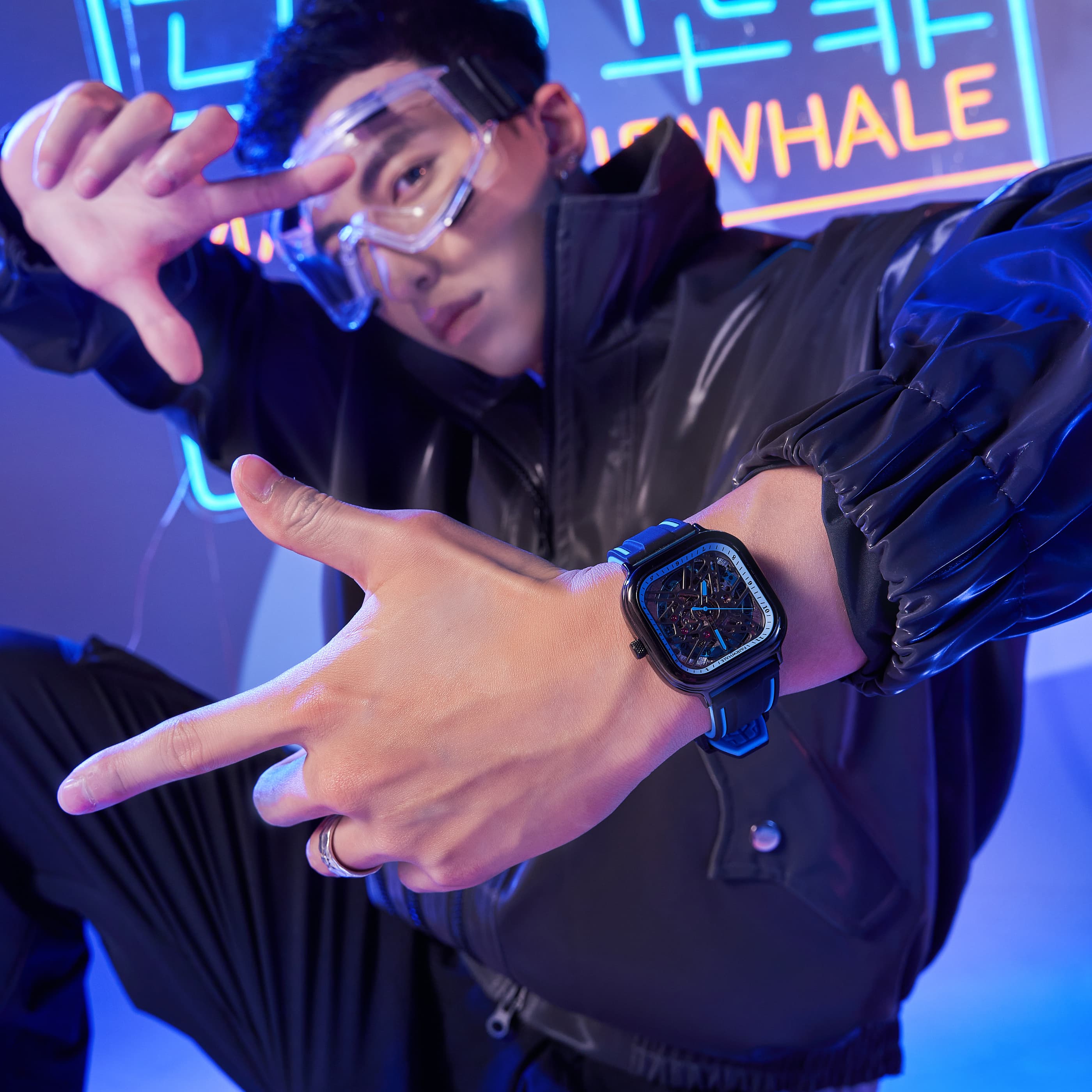 Мужские часы FAIRWHALE Starlight Collection с механическим механизмом и силиконовым ремешком, мужские часы с синим циферблатом