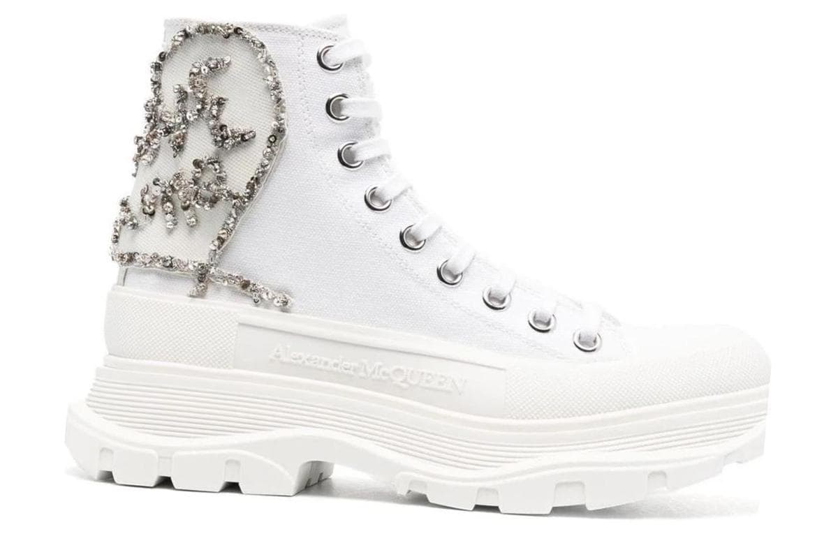 Женские ботинки Alexander McQueen Tread Slick, белые, серебристые с кристаллами