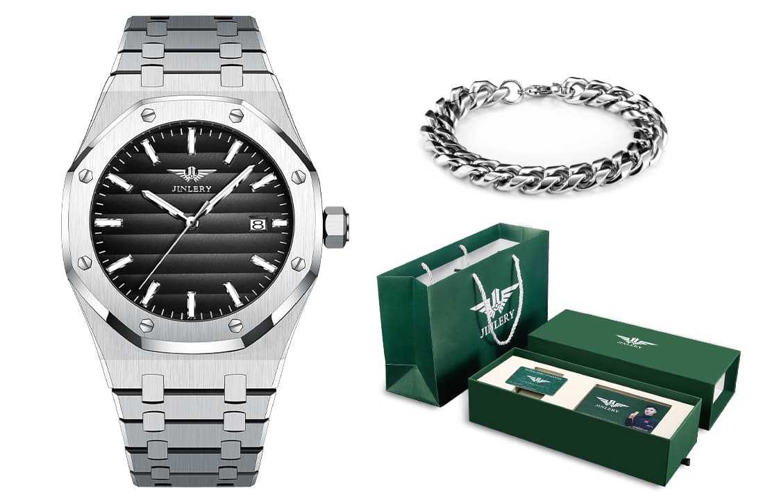 JINLERY Explorer Collection Automatic Mechanical Movement Stainless Steel Watchband Watch Men's Watches Black Dial