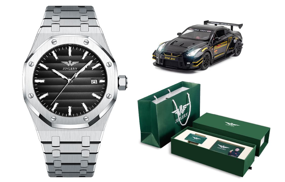 Коллекция JINLERY Explorer, автоматический механический механизм, ремешок для часов из нержавеющей стали, мужские часы, черный циферблат