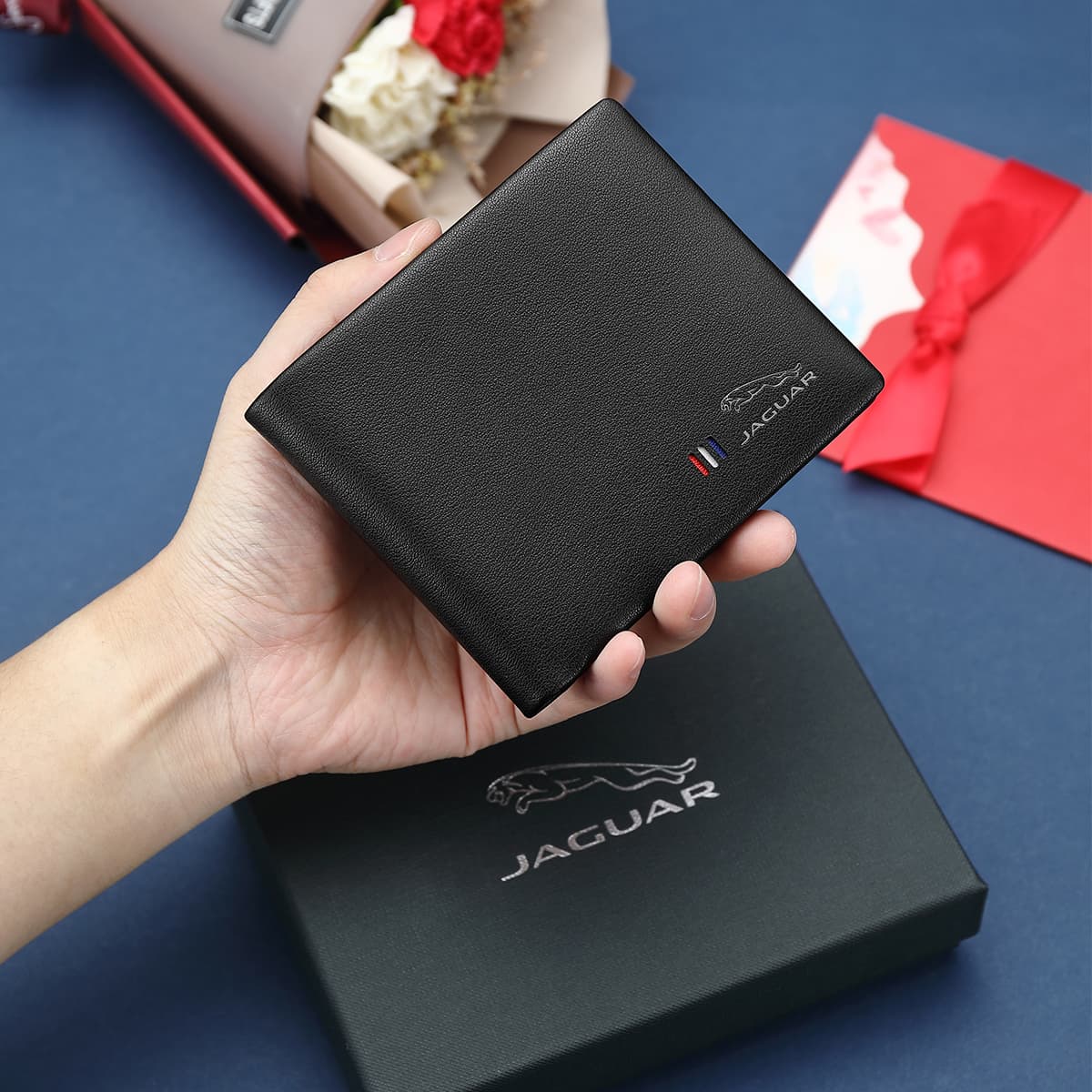Мужской кошелек JAGUAR из коровьей кожи, зажим для билетов и визитница, черный цвет