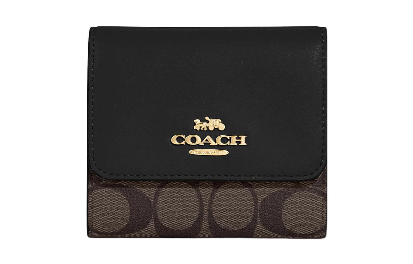 COACH Trifold Wallet Canvas With Leather Card Holder, Wallet Small Women's Brown & Black