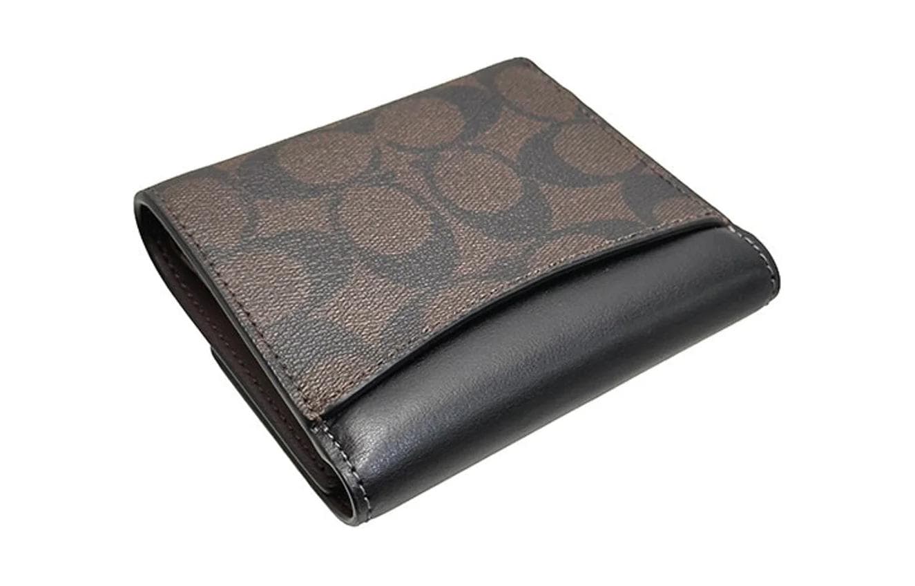 Кошелек тройного сложения COACH, холст с кожаным визитницей, маленький женский кошелек, коричневый и черный