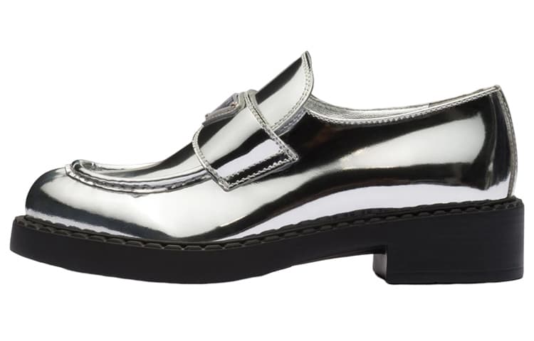 PRADA Metallic 50mm Loafers Silver Leather Women's
