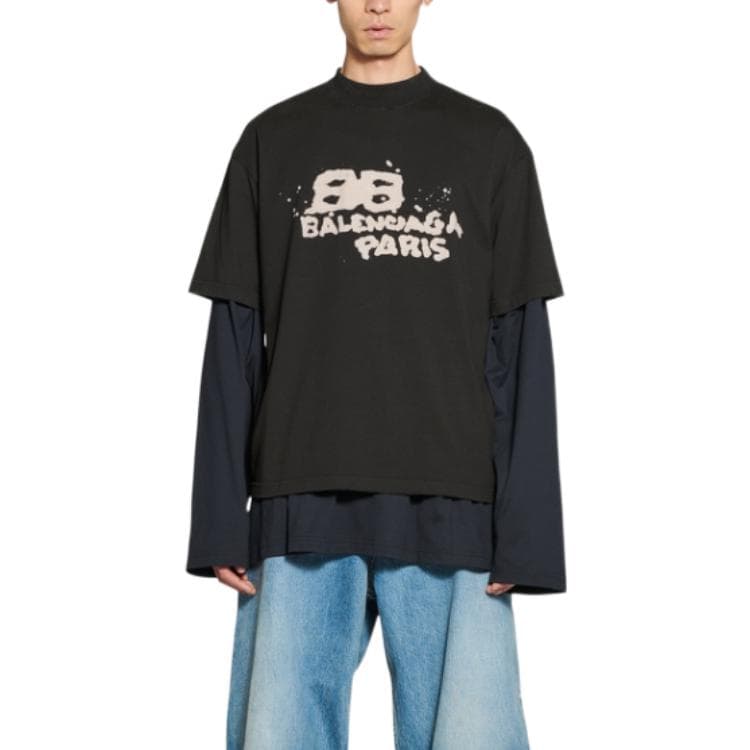 Balenciaga Мужская винтажная футболка с рисунком BB Icon средней посадки, черная/бежевая